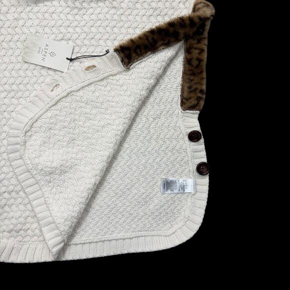 Aspen Kids Cream Knit Poncho Sweater Sz 7–8 Faux Fur Trim Button Side Turtleneck - Picture 7 of 8